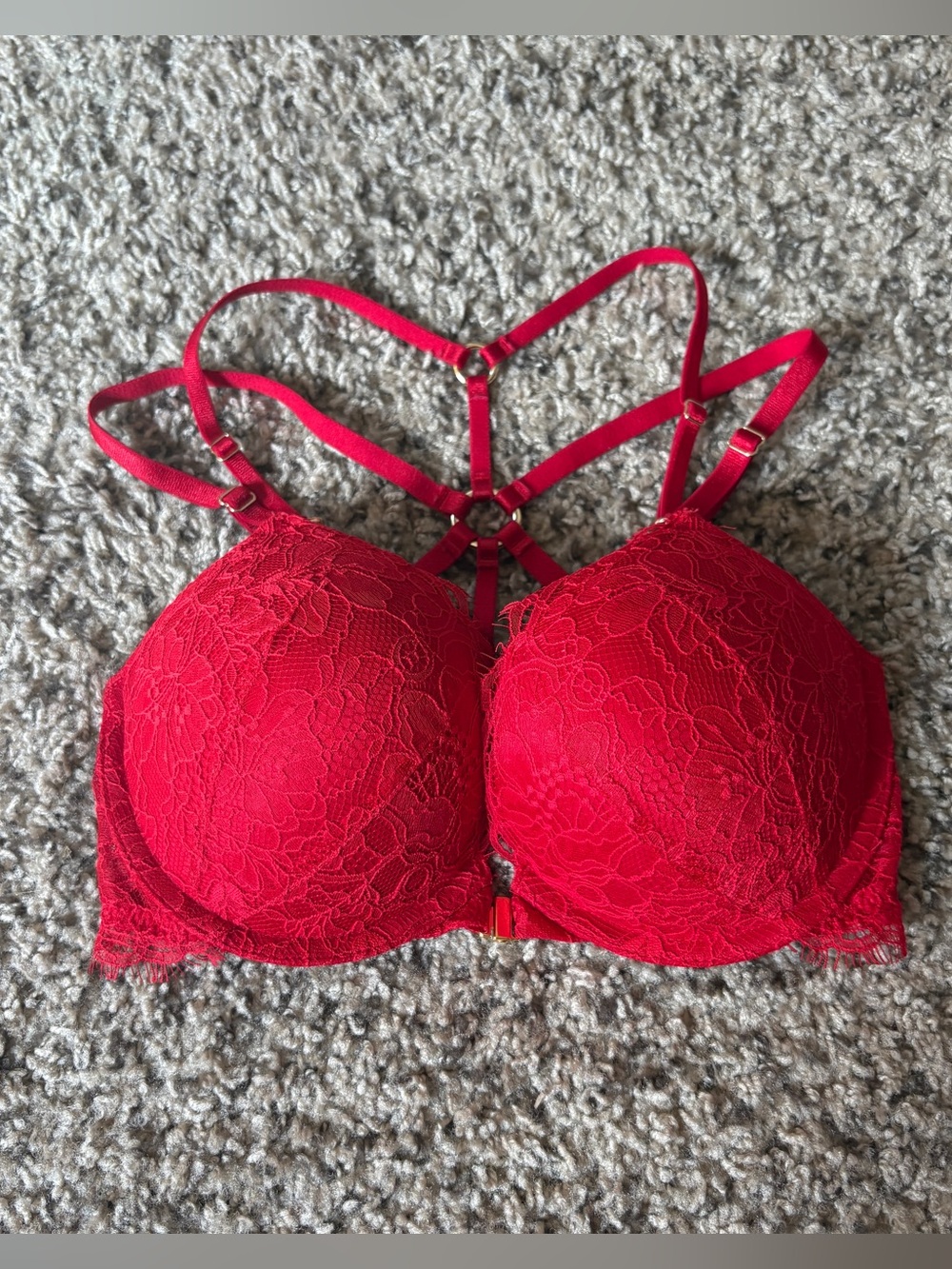 Victoria’s Secret Red Lace Bombshell Bra with Strappy Detail Size 32D